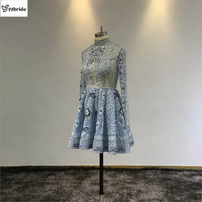 Surmount Customized Mini dress A-line Long Sleeves Mini Short Party Dress High Neck Vintage Beading Crystals Celebrity Dresses