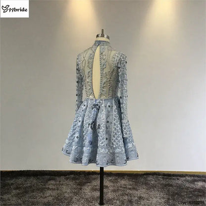 Surmount Customized Mini dress A-line Long Sleeves Mini Short Party Dress High Neck Vintage Beading Crystals Celebrity Dresses