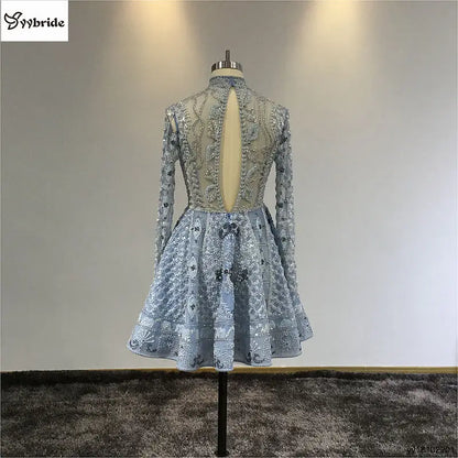 Surmount Customized Mini dress A-line Long Sleeves Mini Short Party Dress High Neck Vintage Beading Crystals Celebrity Dresses