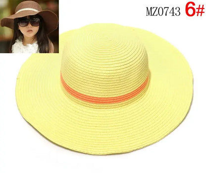 2014 Venta al por mayor 7 colores verano Niños sólido Simple elegante sombrero de paja de ala grande niñas sombreros de playa sombrero de sol 10 uds/lote