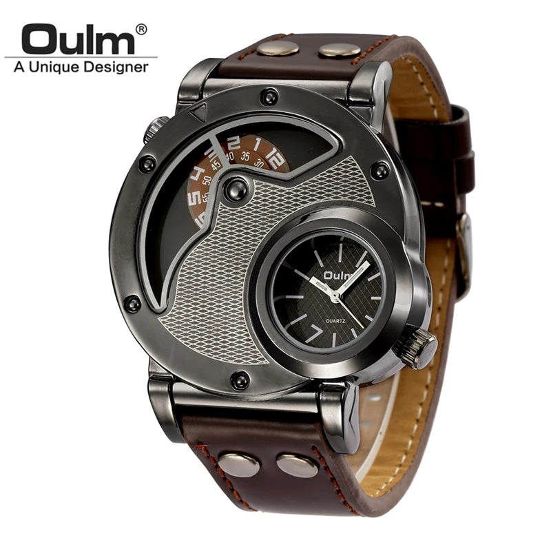 Montres de luxe de marque de créateur Oulm pour hommes montre à quartz à double fuseau horaire montre décontractée en cuir pour homme horloge de sport pour homme relogio masculino