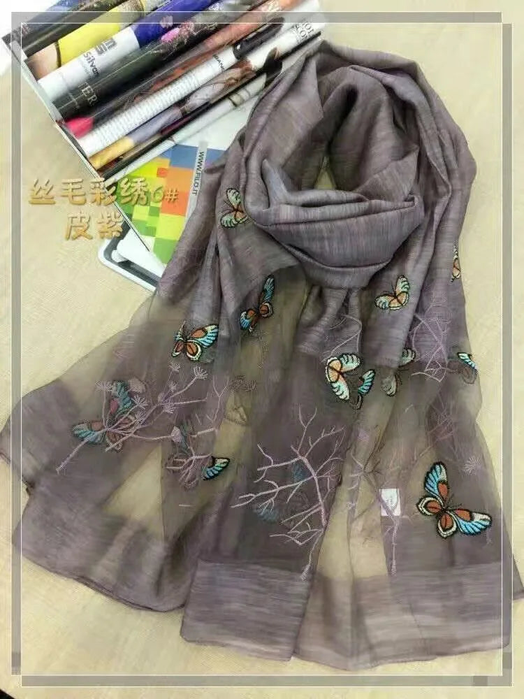 new silk wool butterfly Embroidery Scarf Shawl Wrap 6 colors mixed 5pcs/lot #4017