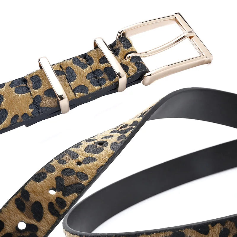 Cinturón de mujer Faja Cinturón de crin de caballo para mujer con estampado de leopardo Hebilla de metal de oro rosa Venta caliente Accesorios de cinturón de PU para mujer