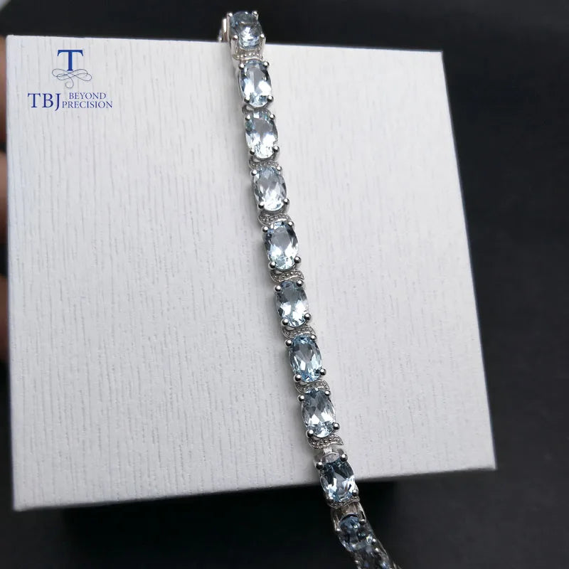 TBJ, Bracelet en pierre précieuse aigue-marine 100 % naturelle du Brésil avec chaîne extensible en argent 925 pour femmes et filles en cadeau avec boîte à bijoux