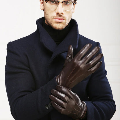 Gants en cuir véritable de qualité supérieure pour hommes, gants thermiques d'hiver en peau de mouton pour écran tactile, gants de conduite au poignet minces et à la mode EM011