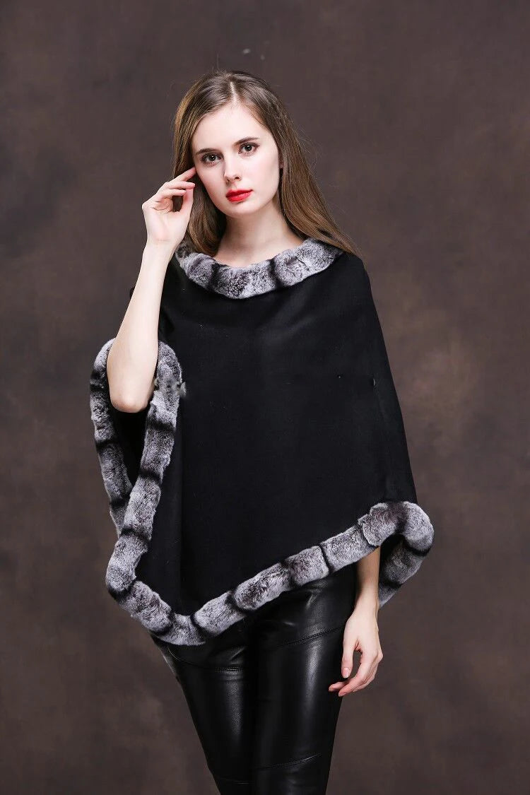 Women Real Cashmere Cape Rex Rabbit  Fur Women Shawl Coat Cloak Poncho Wraps