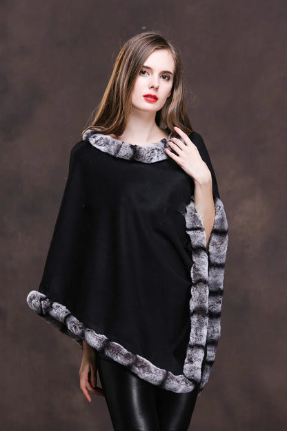 Women Real Cashmere Cape Rex Rabbit  Fur Women Shawl Coat Cloak Poncho Wraps