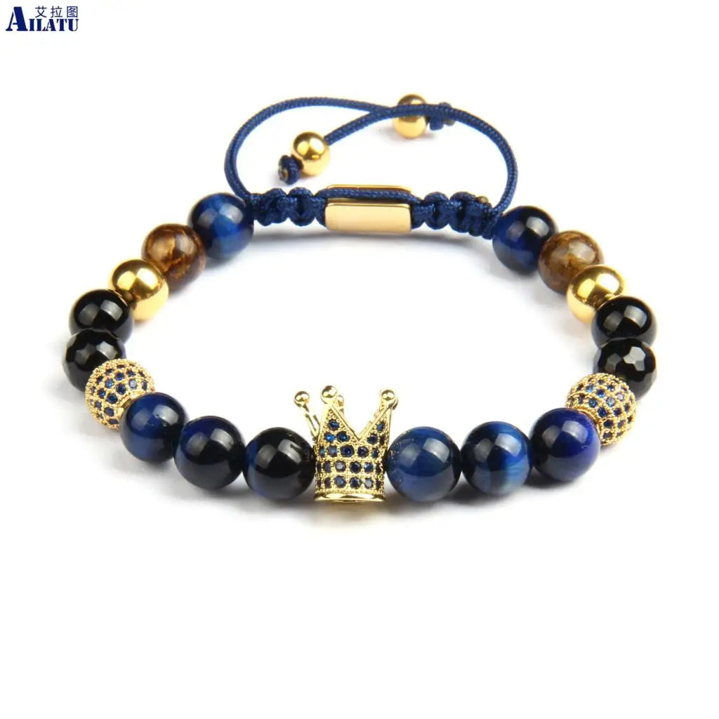 Pulsera para hombre con corona de circonita azul de la marca Ailatu, venta al por mayor, joyería de macramé con piedra de ojo de tigre natural de 8 mm y cuentas de acero inoxidable