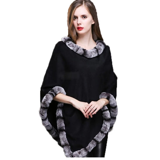 Women Real Cashmere Cape Rex Rabbit  Fur Women Shawl Coat Cloak Poncho Wraps