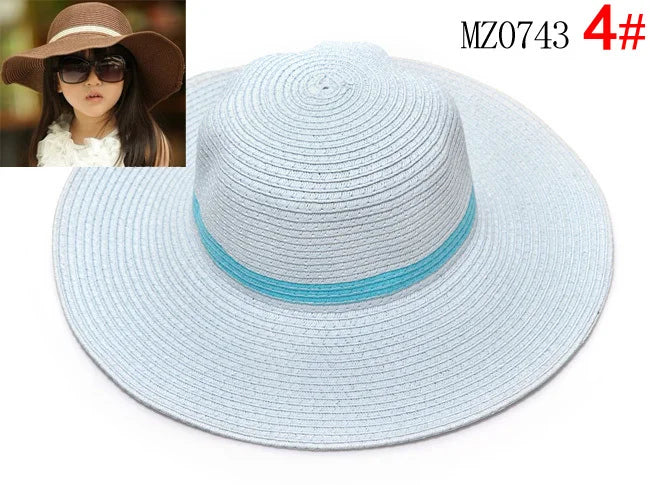 2014 Venta al por mayor 7 colores verano Niños sólido Simple elegante sombrero de paja de ala grande niñas sombreros de playa sombrero de sol 10 uds/lote