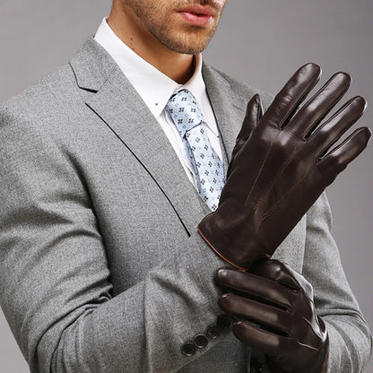 Guantes de cuero genuino de alta calidad para hombres, guantes térmicos de invierno con pantalla táctil, guantes de piel de oveja, moda, delgados, para conducir, EM011