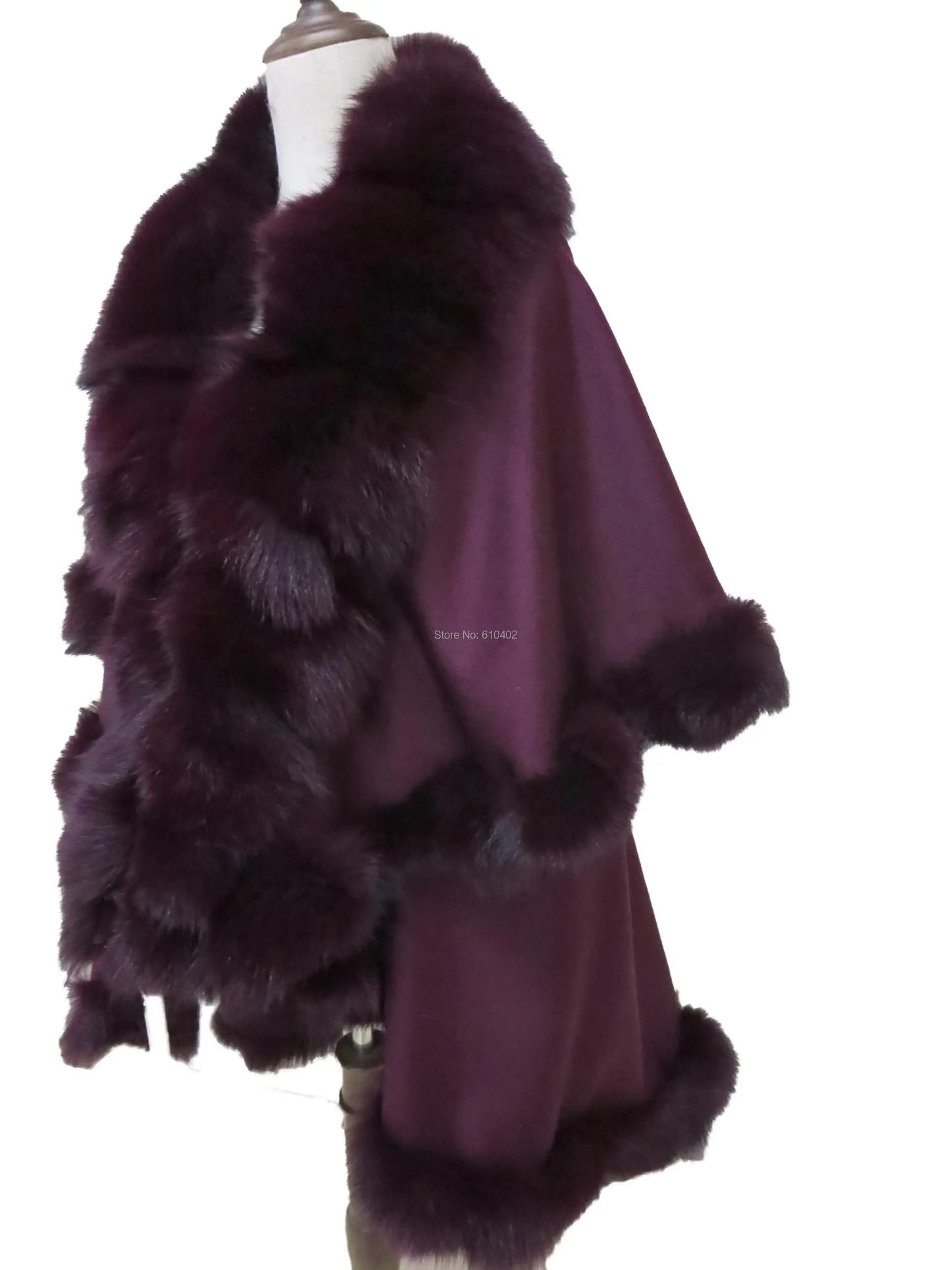 Cape en fourrure de renard véritable et cachemire pour femme, châle d'hiver, poncho, bordeaux