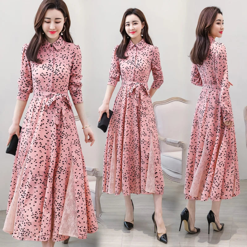 Women's Chiffon Stitching Lace Dress, Lady's Elegant Temperament Long Dress, Shirt Collar, Long Sleeve, Print Dresses, New