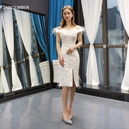 J66777h Jancember White Knee-length Cocktail Dress 2021 For Women Off The Shoulder Boat Neck Feather