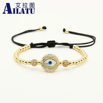 Ailatu Men Bracele Clear Cz Turkish Shell Eye Macrame Bracelet Wholesale 4mm Stainless Steel Beads Jewelry Nice Gift