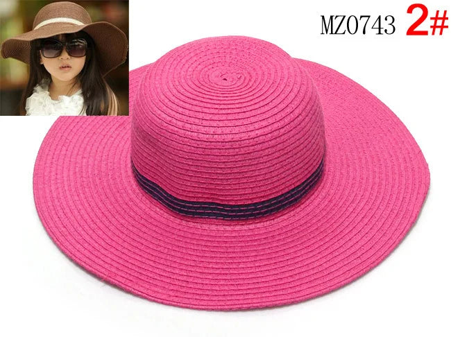 2014 Venta al por mayor 7 colores verano Niños sólido Simple elegante sombrero de paja de ala grande niñas sombreros de playa sombrero de sol 10 uds/lote