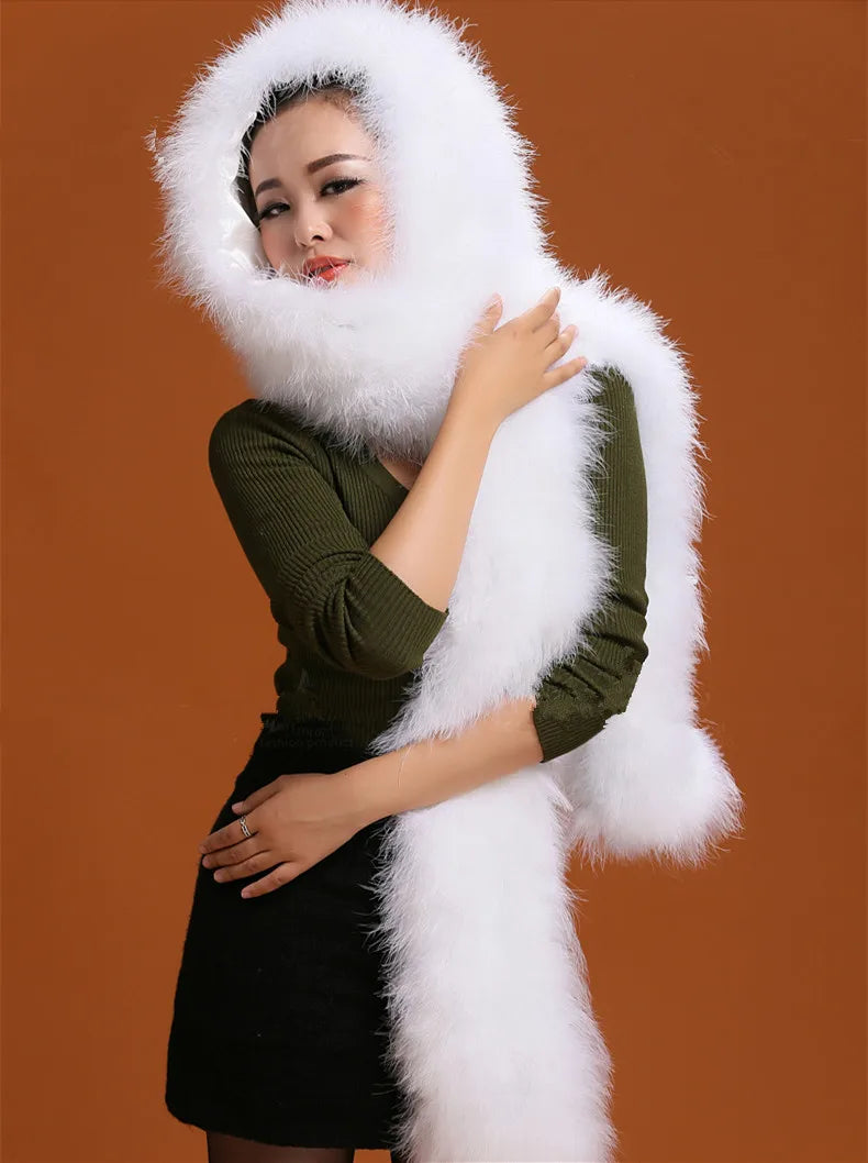 Real ostrich fur cap New Style large fashion warm hat winter one piece white women muffler black white yellow blueH424