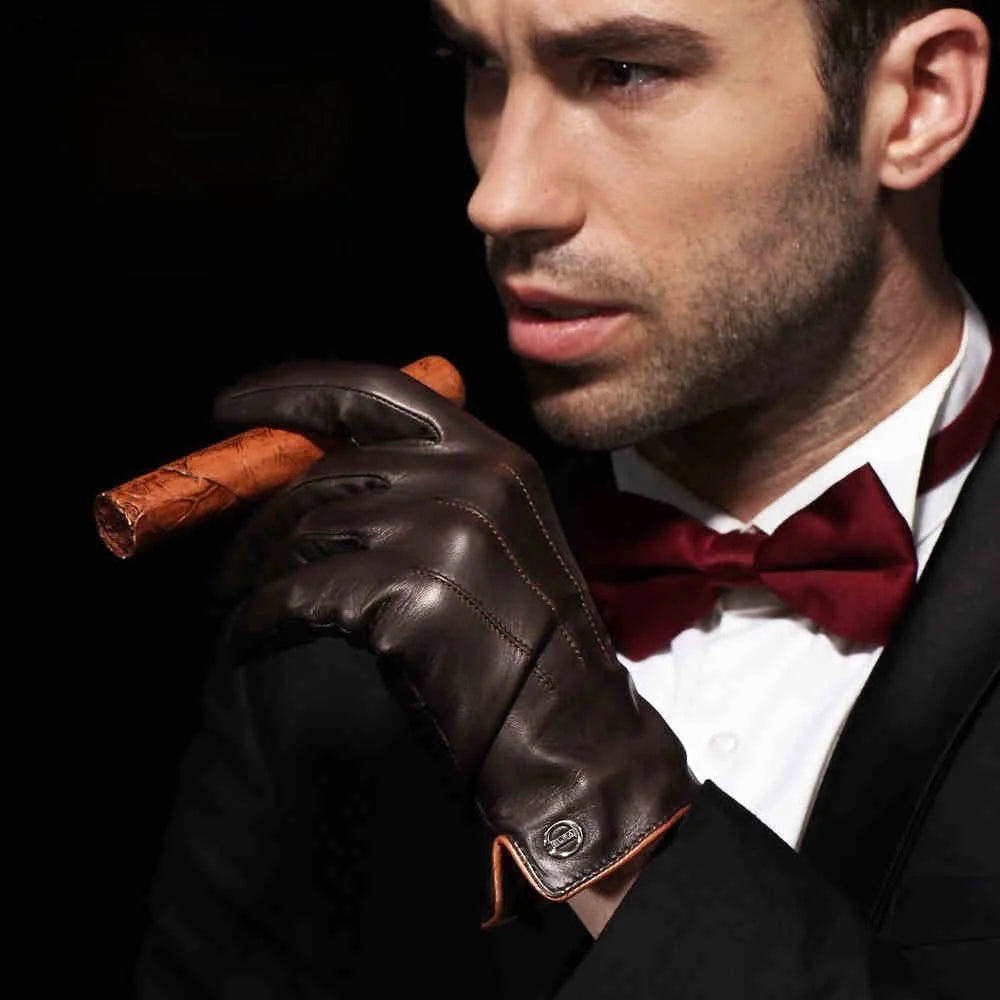 Gants en cuir véritable de qualité supérieure pour hommes, gants thermiques d'hiver en peau de mouton pour écran tactile, gants de conduite au poignet minces et à la mode EM011