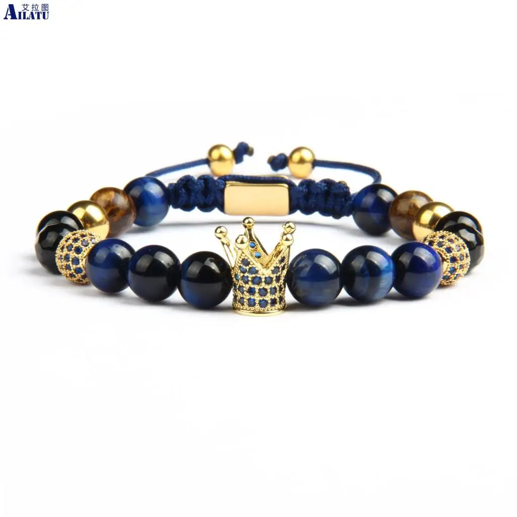 Pulsera para hombre con corona de circonita azul de la marca Ailatu, venta al por mayor, joyería de macramé con piedra de ojo de tigre natural de 8 mm y cuentas de acero inoxidable