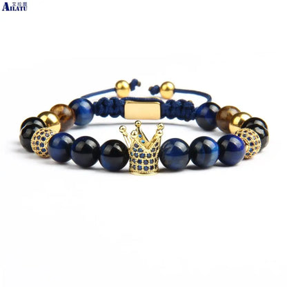 Bracelet pour homme avec couronne en zircone cubique bleue de marque Ailatu, vente en gros, pierre naturelle œil de tigre de 8 mm, bijoux en macramé avec perles en acier inoxydable