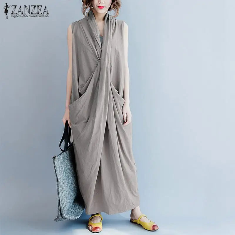 ZANZEA Vestido largo asimétrico de gran tamaño Verano 2023 Vestido de verano para mujer Vestidos de cuello en V para mujer Vestido de fiesta holgado para mujer