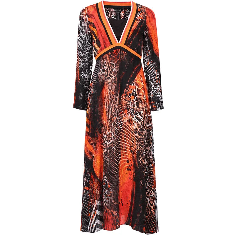 New 100% Mulberry Silk Dress with Leopard Printed Long Sleeve Silk Dress for Women in Spring and Summer of 2023