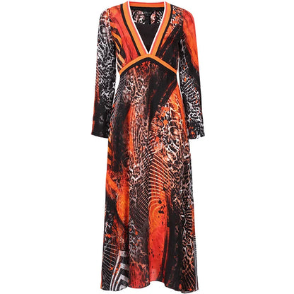 New 100% Mulberry Silk Dress with Leopard Printed Long Sleeve Silk Dress for Women in Spring and Summer of 2023