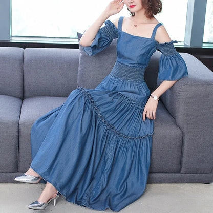 Denim 2023 summer new women's dress sling one word collar silk cowboy long dress