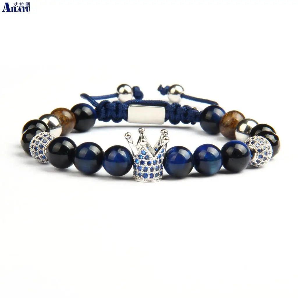 Bracelet pour homme avec couronne en zircone cubique bleue de marque Ailatu, vente en gros, pierre naturelle œil de tigre de 8 mm, bijoux en macramé avec perles en acier inoxydable