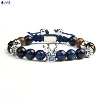 Ailatu Brand Blue Cz Crown Men Bracelet Wholesale 8mm Natural Tiger Eye Stone Macrame Jewelry with Stainless Steel Beads