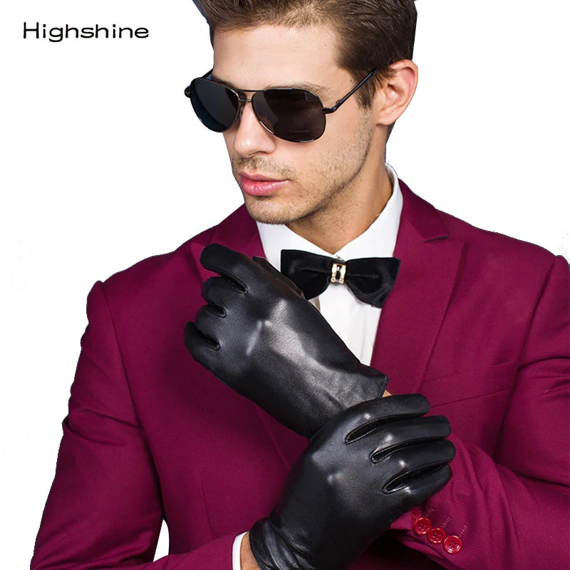 Gants en cuir véritable de mouton pour hommes Gants noirs Bouton d'écran tactile Marque de mode Gants en cuir chauds d'hiver