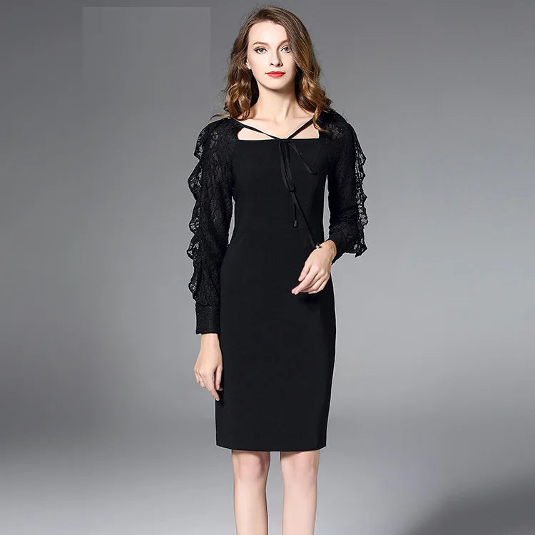 2023 new fashion lady elegant party dress women squre collar long sleeve party dresses lace sleeves above knee Dress