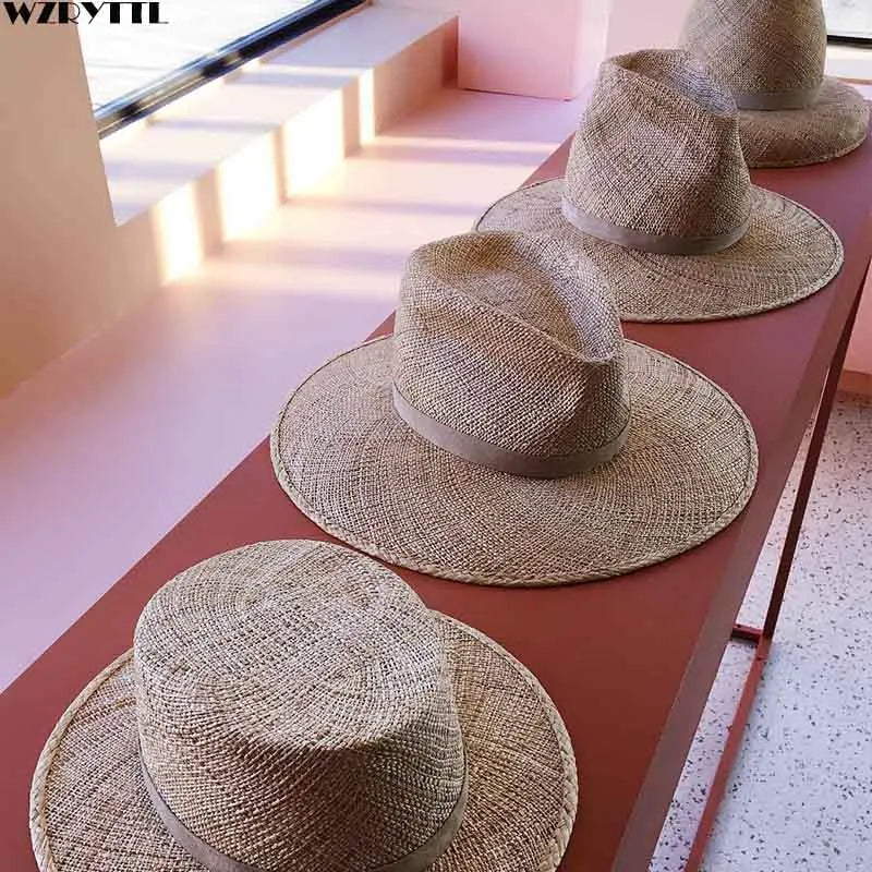 Chapeau d'été unisexe classique pour hommes et femmes, chapeau Fedora en paille tissée à la main, chapeau de soleil élégant, casquette de jazz à bande beige, Kentucky Derby