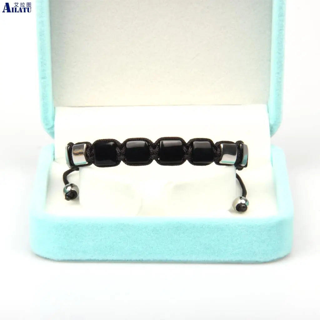 Ailatu 10pcs New Men's Brand Square Flatbead Braiding Bracelet with 8x8mm Natural Black Onyx Stone Beads Stainless Steel Logo