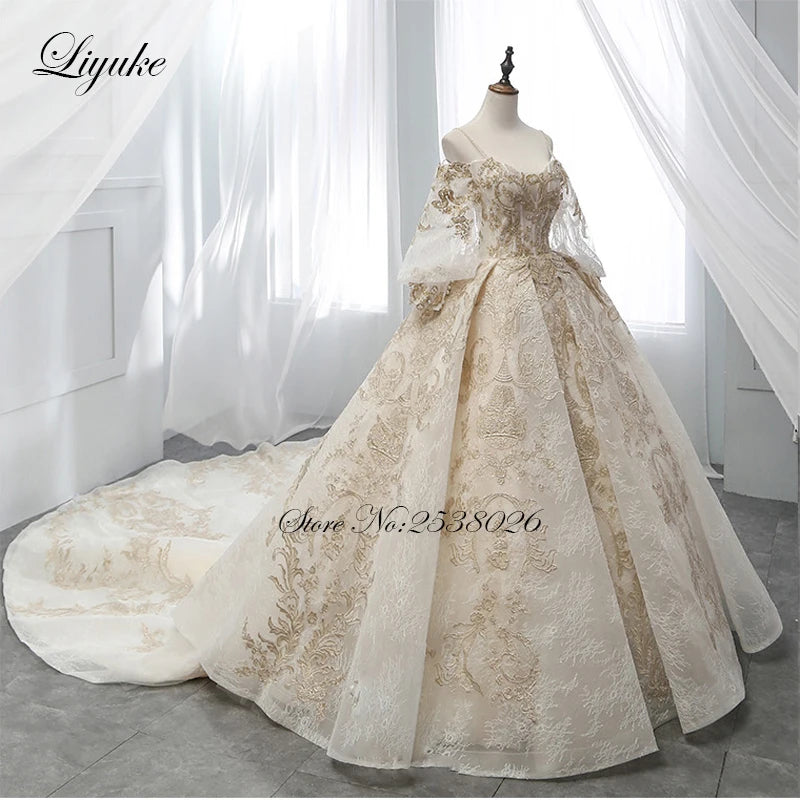 Liyuke Elegant Golden Ball Gown Wedding Dress With Gold Beading  Appliques Lace Princess Luxury Bridal Dress robe de mariage