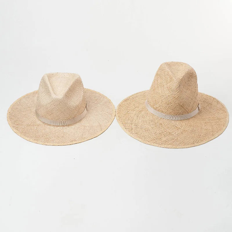 Sombrero de verano unisex clásico para hombres y mujeres, sombrero Fedora de paja tejido a mano, elegante sombrero para el sol, gorra de jazz con banda beige, Kentucky Derby