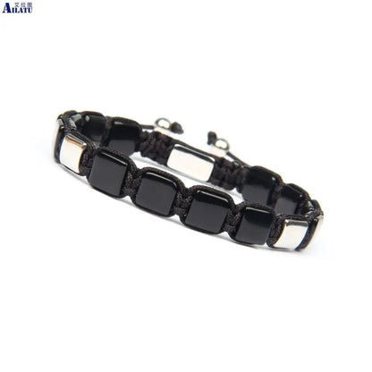 Ailatu 10pcs New Men's Brand Square Flatbead Braiding Bracelet with 8x8mm Natural Black Onyx Stone Beads Stainless Steel Logo