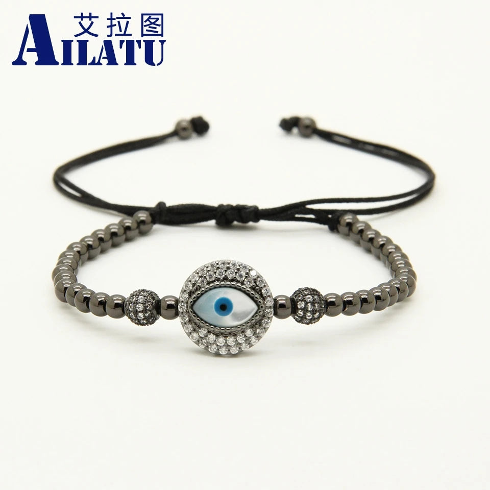 Ailatu Men Bracele Clear Cz Turkish Shell Eye Macrame Bracelet Wholesale 4mm Stainless Steel Beads Jewelry Nice Gift