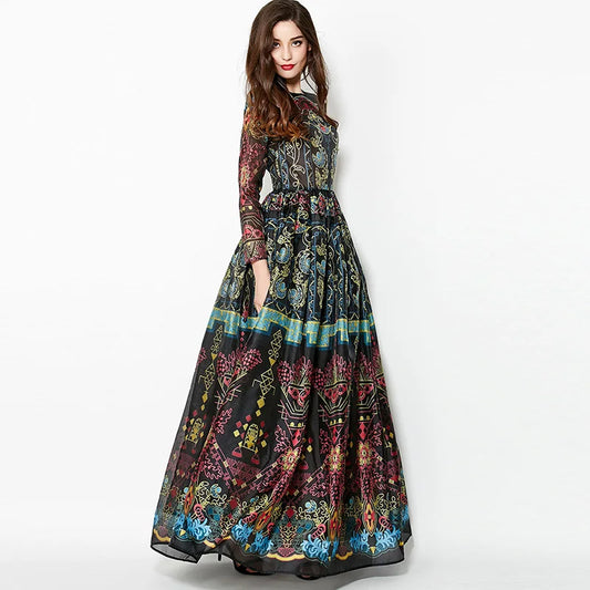 High Quality Spring Summer Female Designer Print Elegant Long Dress Women Vintage Floor Length Plus Size Slim Dresses Vestidos