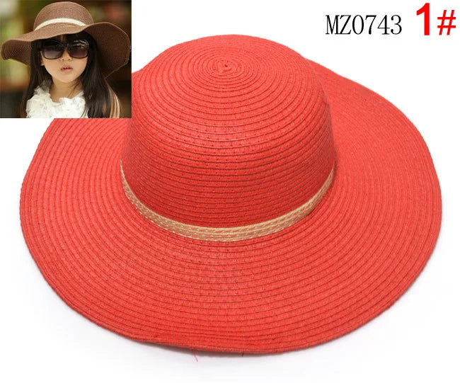 2014 Venta al por mayor 7 colores verano Niños sólido Simple elegante sombrero de paja de ala grande niñas sombreros de playa sombrero de sol 10 uds/lote