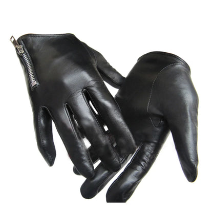 Guantes de cuero genuino para hombre, estilo clásico de moda, con cremallera lateral corta, piel de oveja auténtica, color negro, pantalla táctil, cálidos para invierno