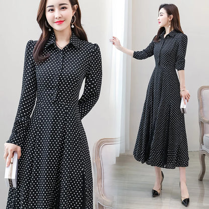 Women's Chiffon Stitching Lace Dress, Lady's Elegant Temperament Long Dress, Shirt Collar, Long Sleeve, Print Dresses, New