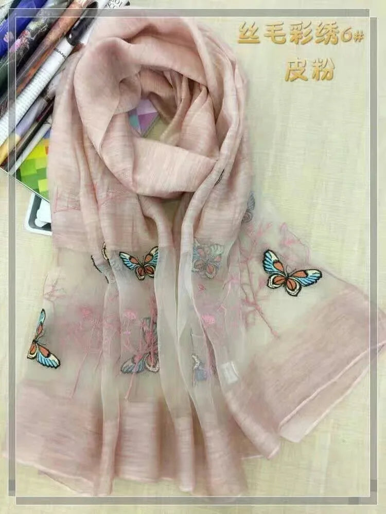 new silk wool butterfly Embroidery Scarf Shawl Wrap 6 colors mixed 5pcs/lot #4017