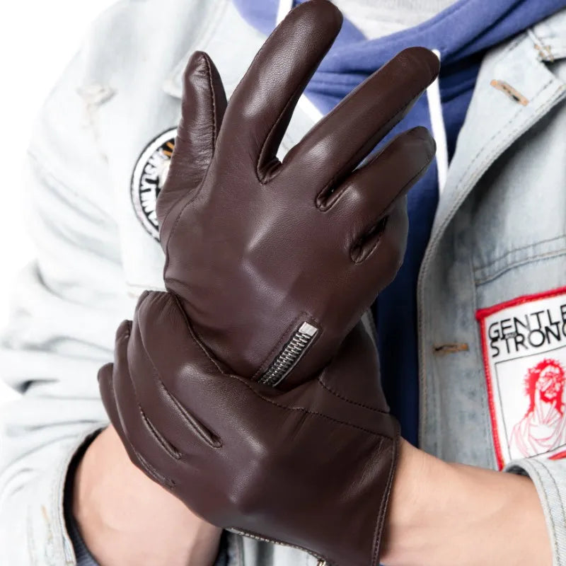 Guantes de cuero genuino para hombre, estilo clásico de moda, con cremallera lateral corta, piel de oveja auténtica, color negro, pantalla táctil, cálidos para invierno