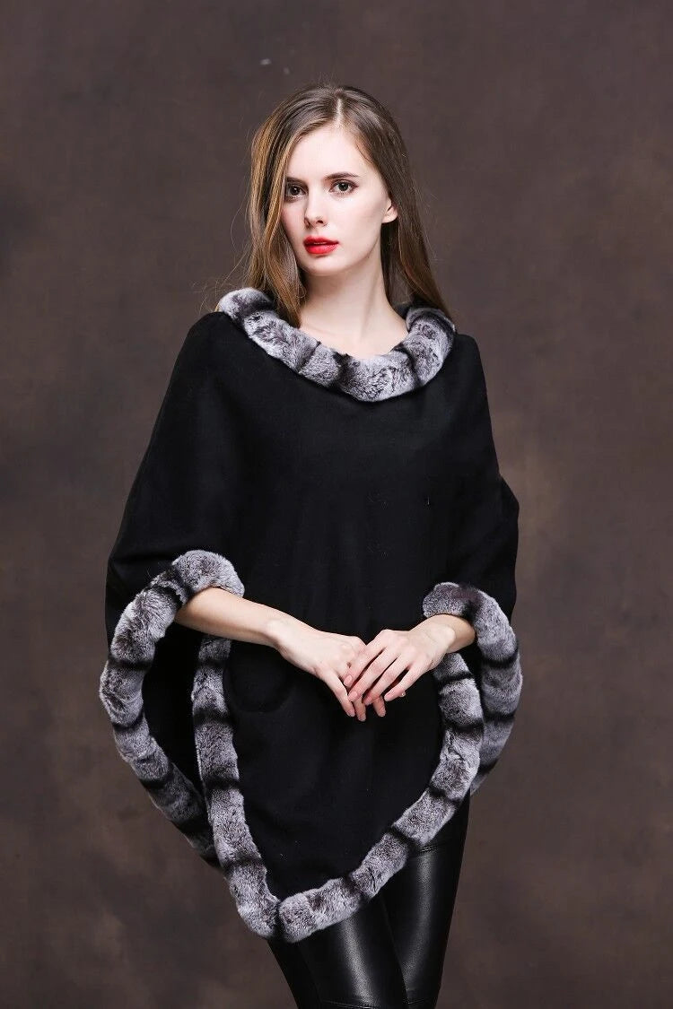 Women Real Cashmere Cape Rex Rabbit  Fur Women Shawl Coat Cloak Poncho Wraps