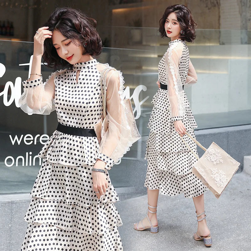 Fashion new chiffon dress transparent long-sleeved polka dot dress ladies elegant temperament long dress