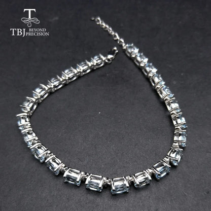 TBJ, Bracelet en pierre précieuse aigue-marine 100 % naturelle du Brésil avec chaîne extensible en argent 925 pour femmes et filles en cadeau avec boîte à bijoux