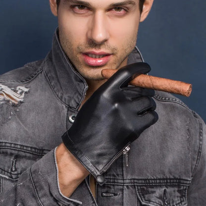 Super soft Leather Gloves Luruxy Real Italy LambSkin Black Men's Side Button With Zip unlined Thin  leather driving gloves touch