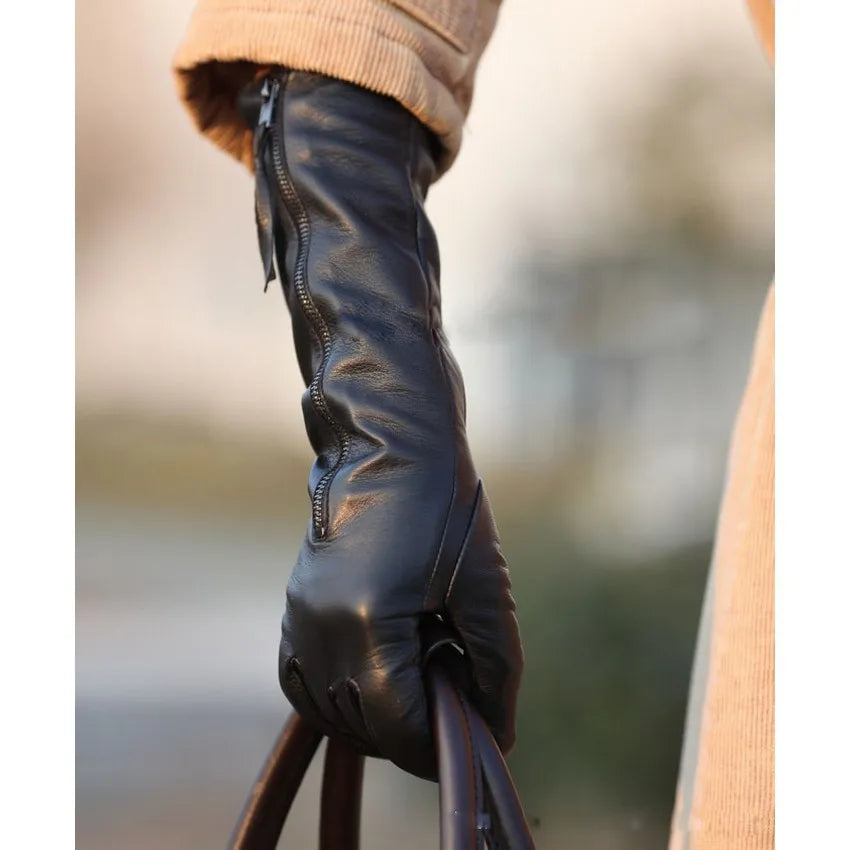 Winter Solid Black Genuine Leather Women Gloves With Zipper Fashion Sheepskin Glove Warm Thermal L031NQ