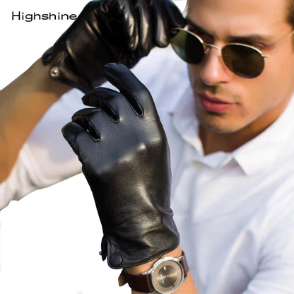 Gants en cuir véritable de mouton pour hommes Gants noirs Bouton d'écran tactile Marque de mode Gants en cuir chauds d'hiver